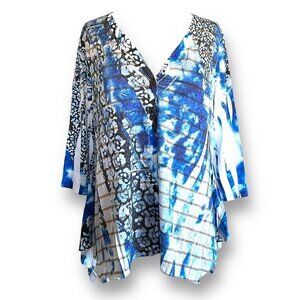 Cubism Womens Cardigan Sz M Indigo Blue Shibori Sublimation Lace Knit Artsy Boho